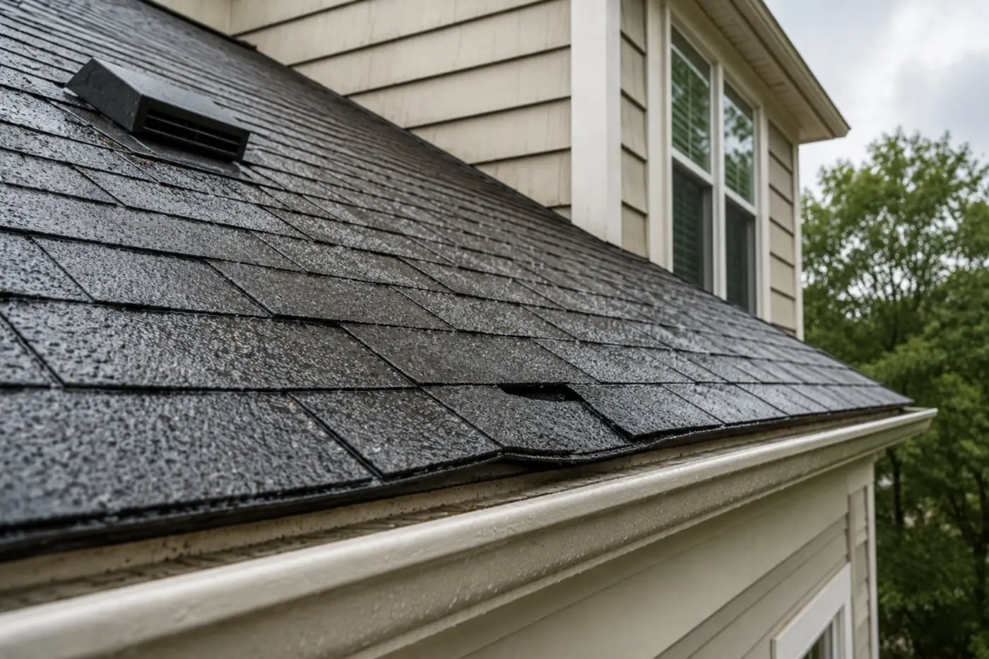 Charlotte asphalt shingle roof shedding heavy rain near a valley and flashing detail