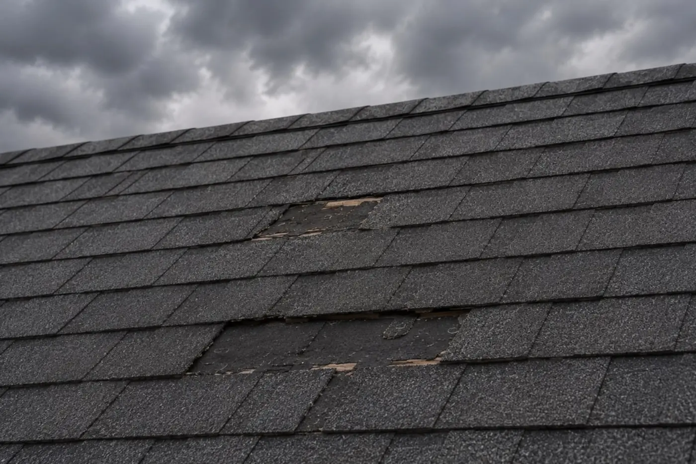Charlotte NC asphalt shingle roof with missing and wind-lifted shingles after a storm