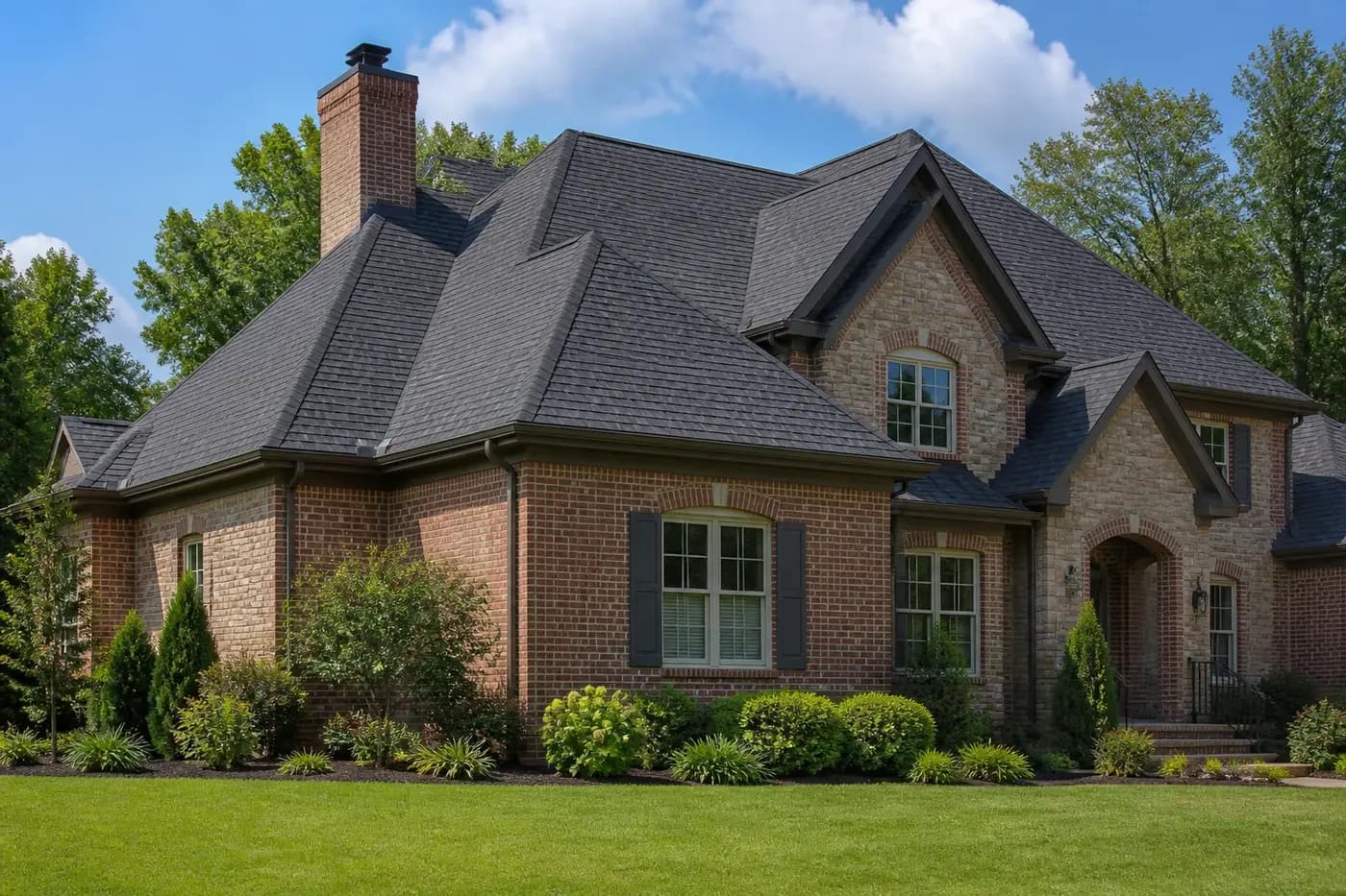 Roof-dominant upscale Indian Trail NC home with architectural shingles and a properly flashed brick chimney