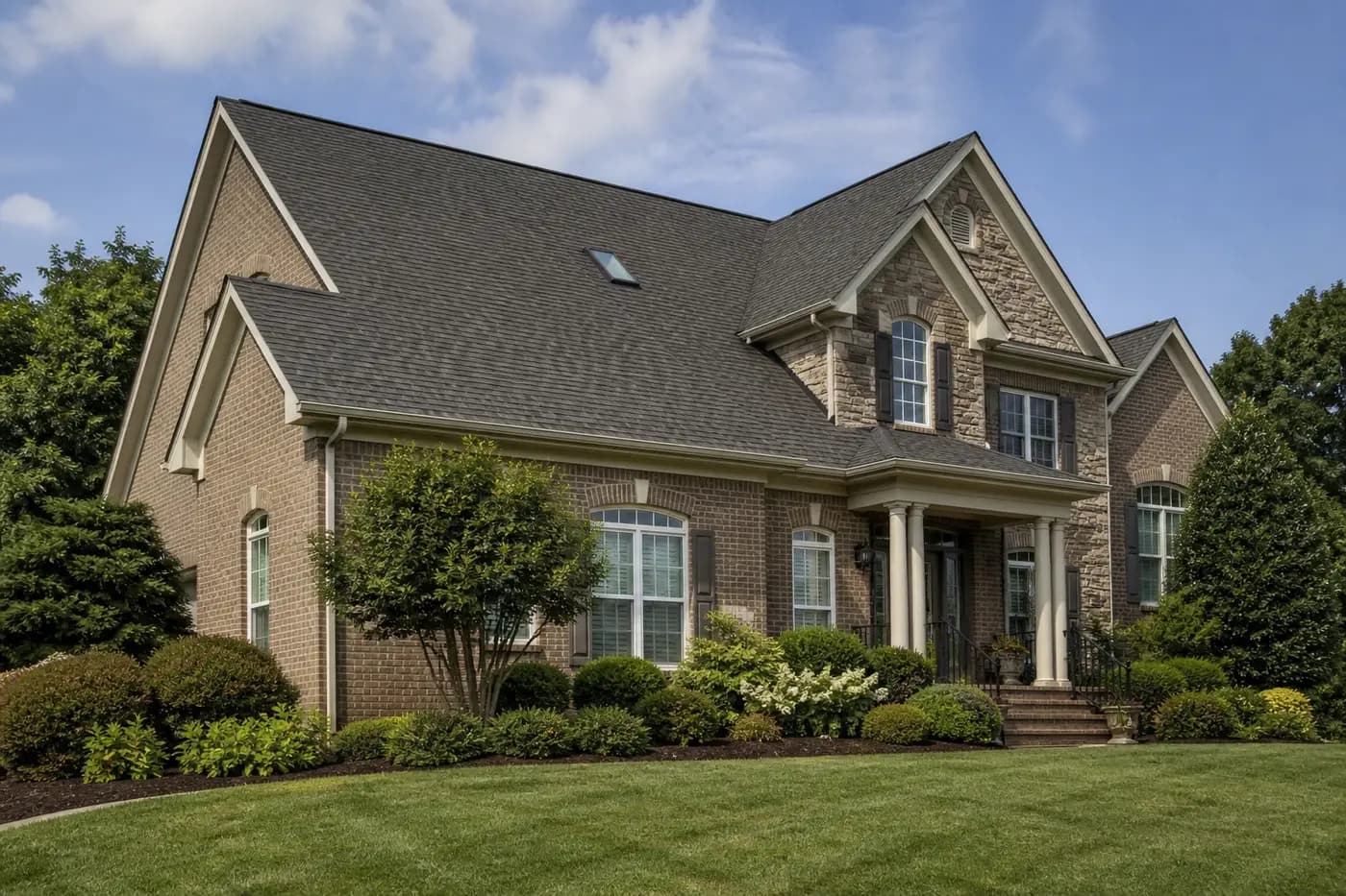 Upscale suburban home with a prominent architectural shingle roof and one skylight