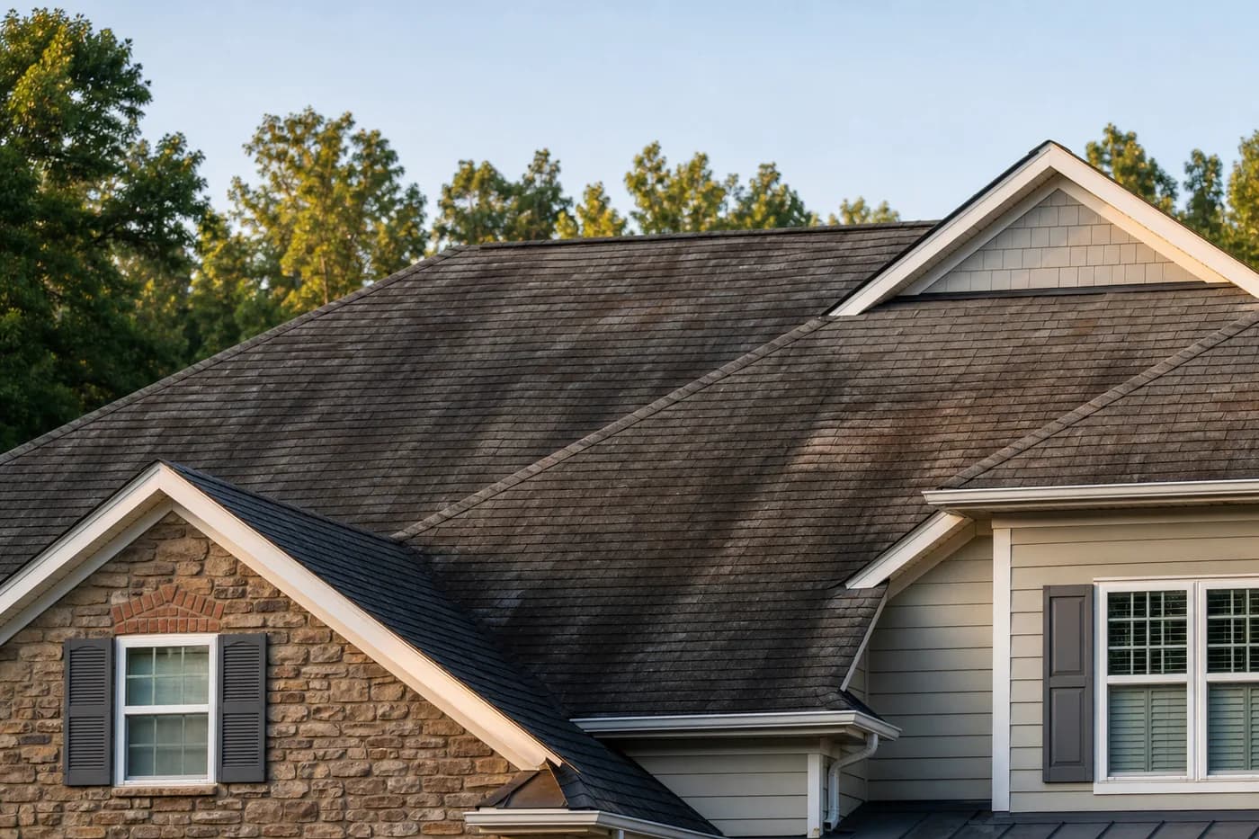 Charlotte NC asphalt shingle roof with exposed roof decking checked for water damage and rot
