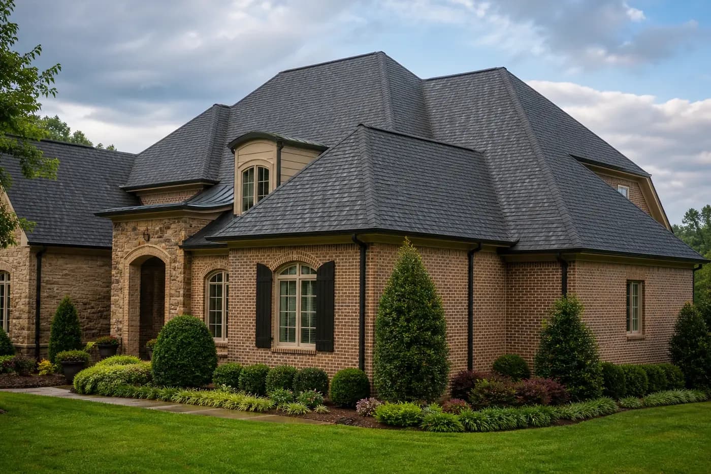 Roof-dominant upscale Indian Trail NC brick home after light summer rain
