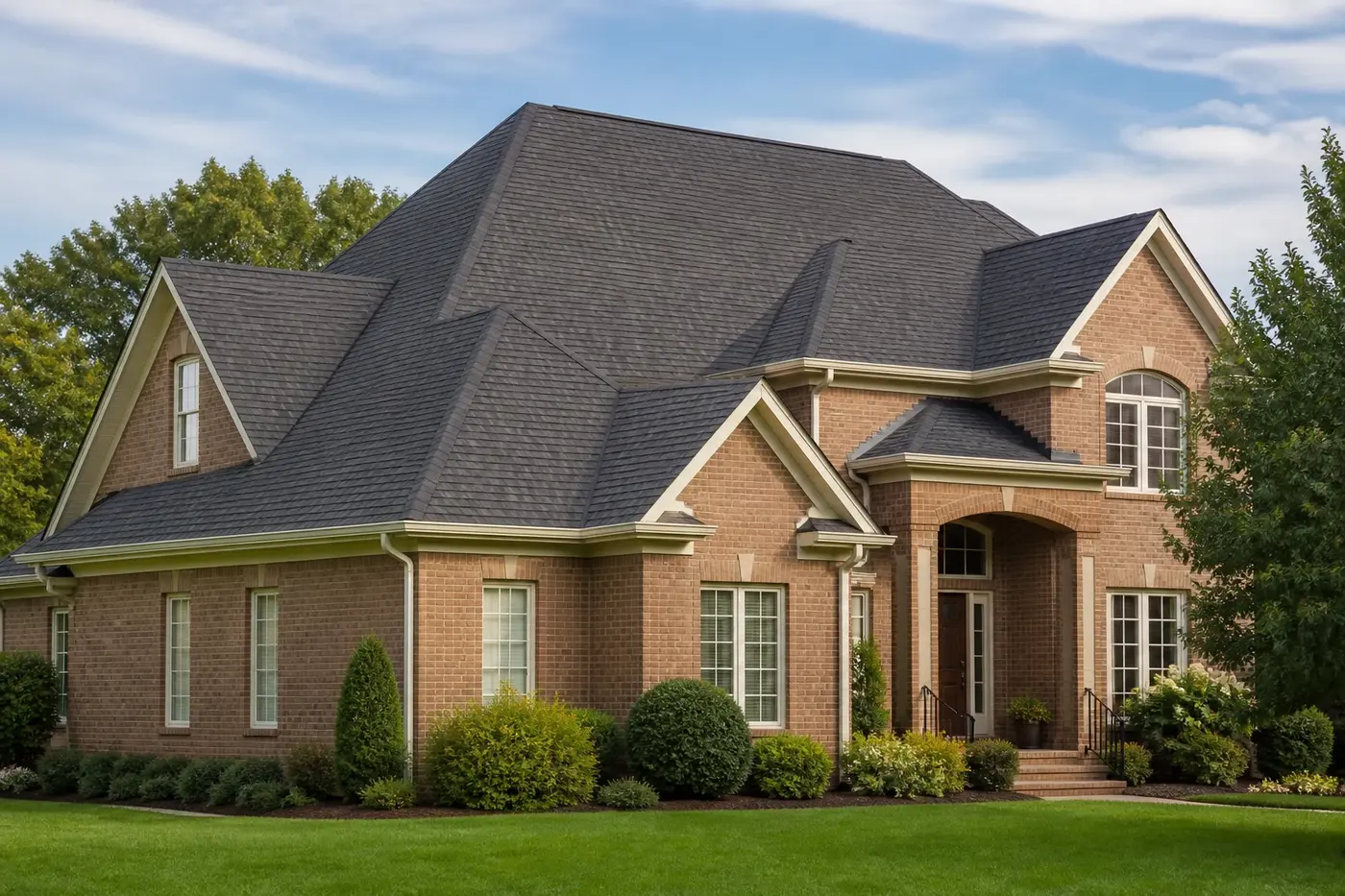 Roof-dominant upscale Indian Trail NC brick home with a finished charcoal architectural shingle roof