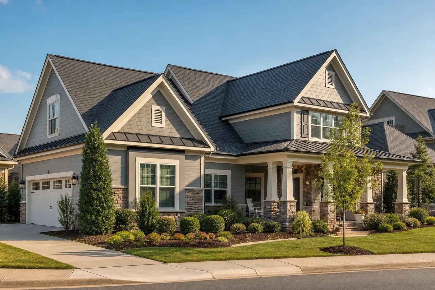 Charlotte NC home roof showing asphalt shingles and attic ventilation details with no people, ladders, tools, vehicles, or equipment visible