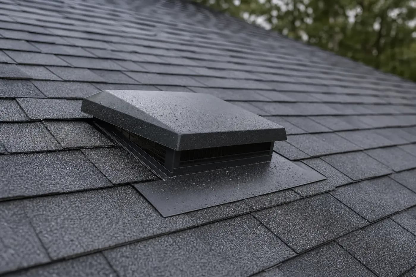 Indian Trail NC asphalt shingle roof with a bathroom exhaust vent cap and metal flashing after rain