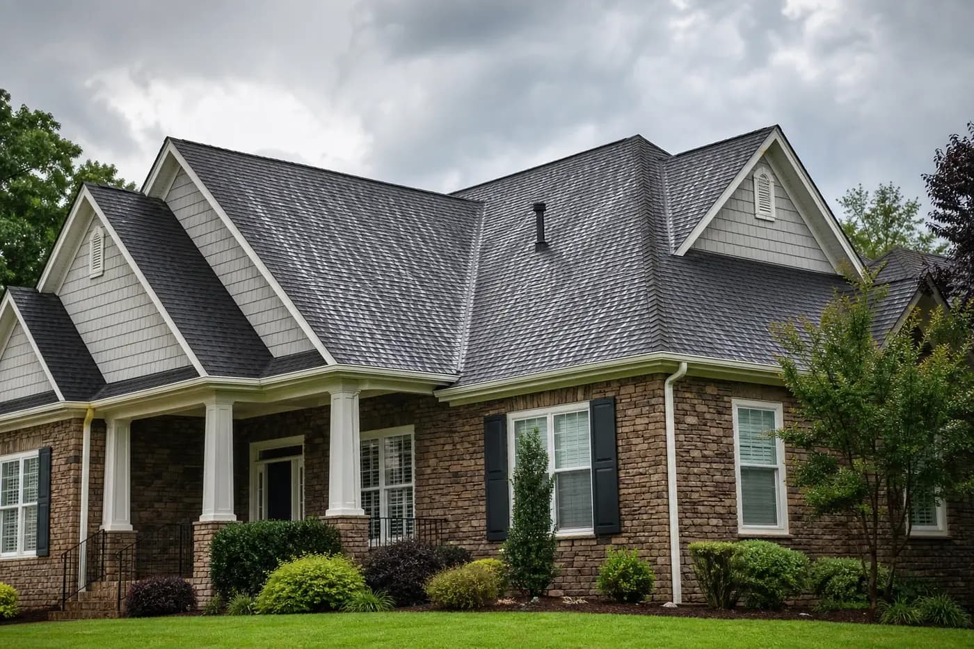 Indian Trail NC home with a wet architectural shingle roof after rain and no people or vehicles visible
