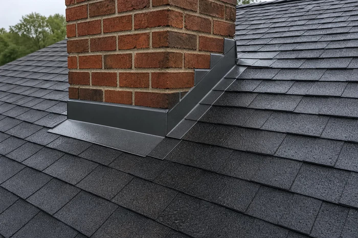 Indian Trail NC asphalt shingle roof with chimney step flashing and counter flashing after rain