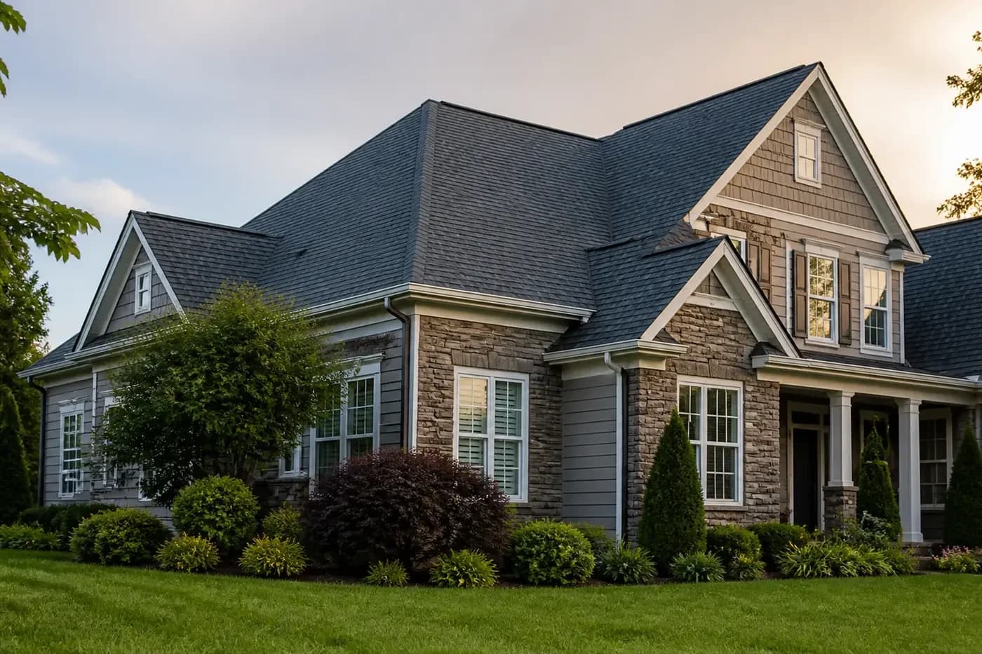 Roof-dominant upscale Indian Trail NC stone home with a coherent charcoal architectural shingle roof