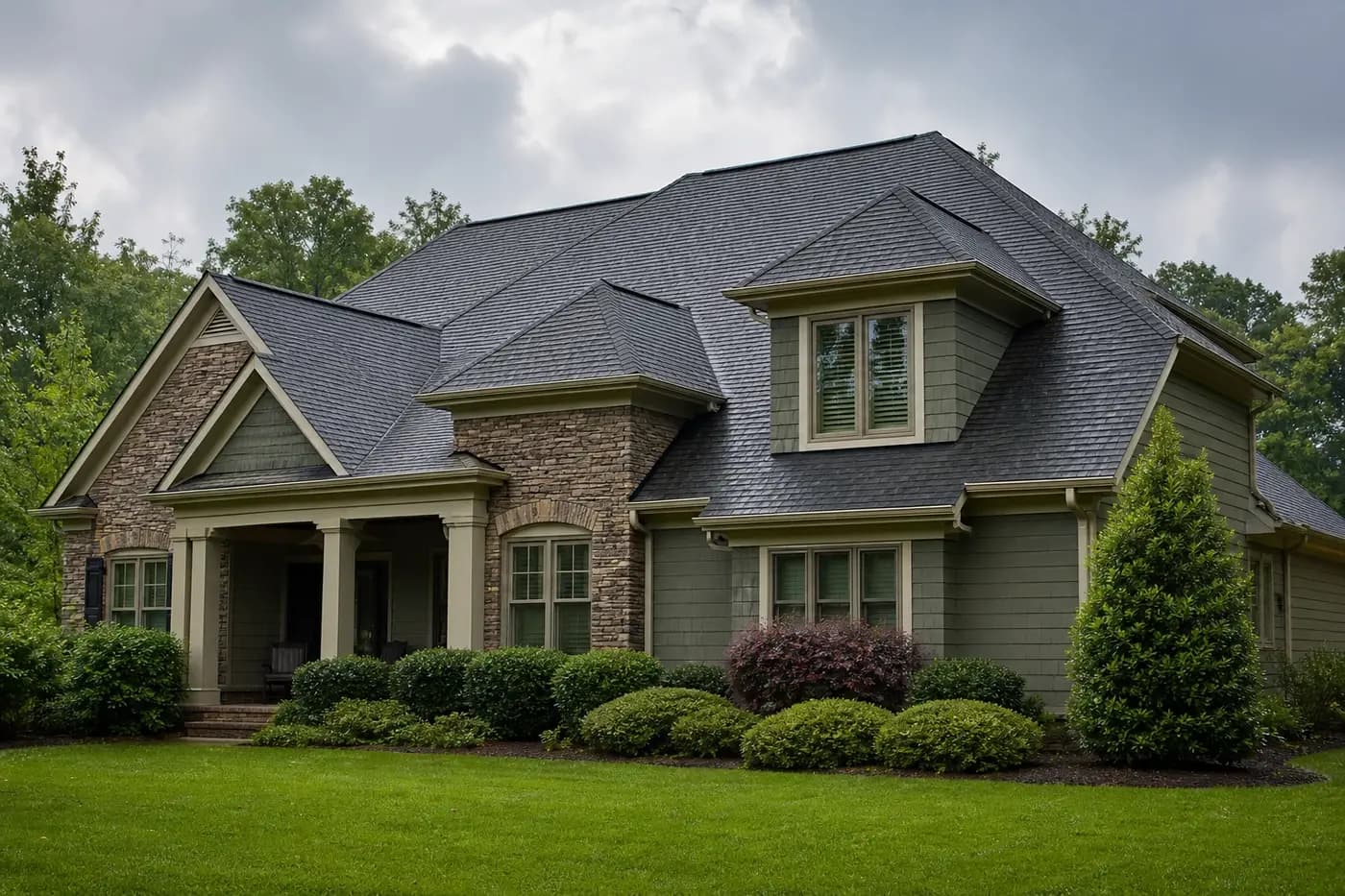 Roof-dominant upscale Indian Trail NC home with damp architectural shingles after rain and no people or vehicles visible