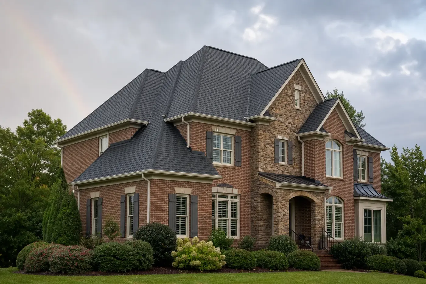 Roof-dominant upscale Indian Trail NC home under clearing skies after a summer storm