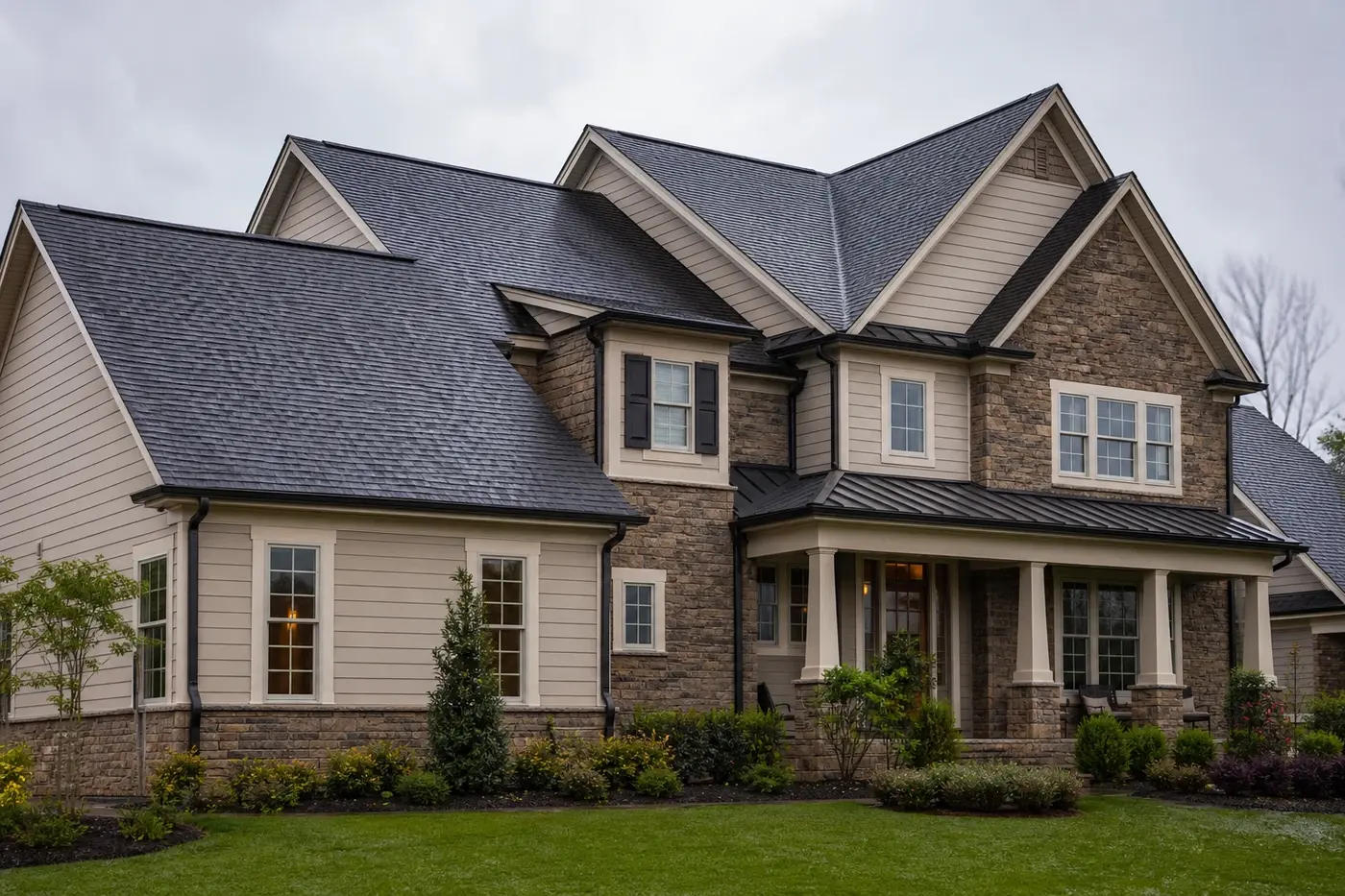 Indian Trail NC home with a wet architectural shingle roof after a storm and no people or vehicles visible
