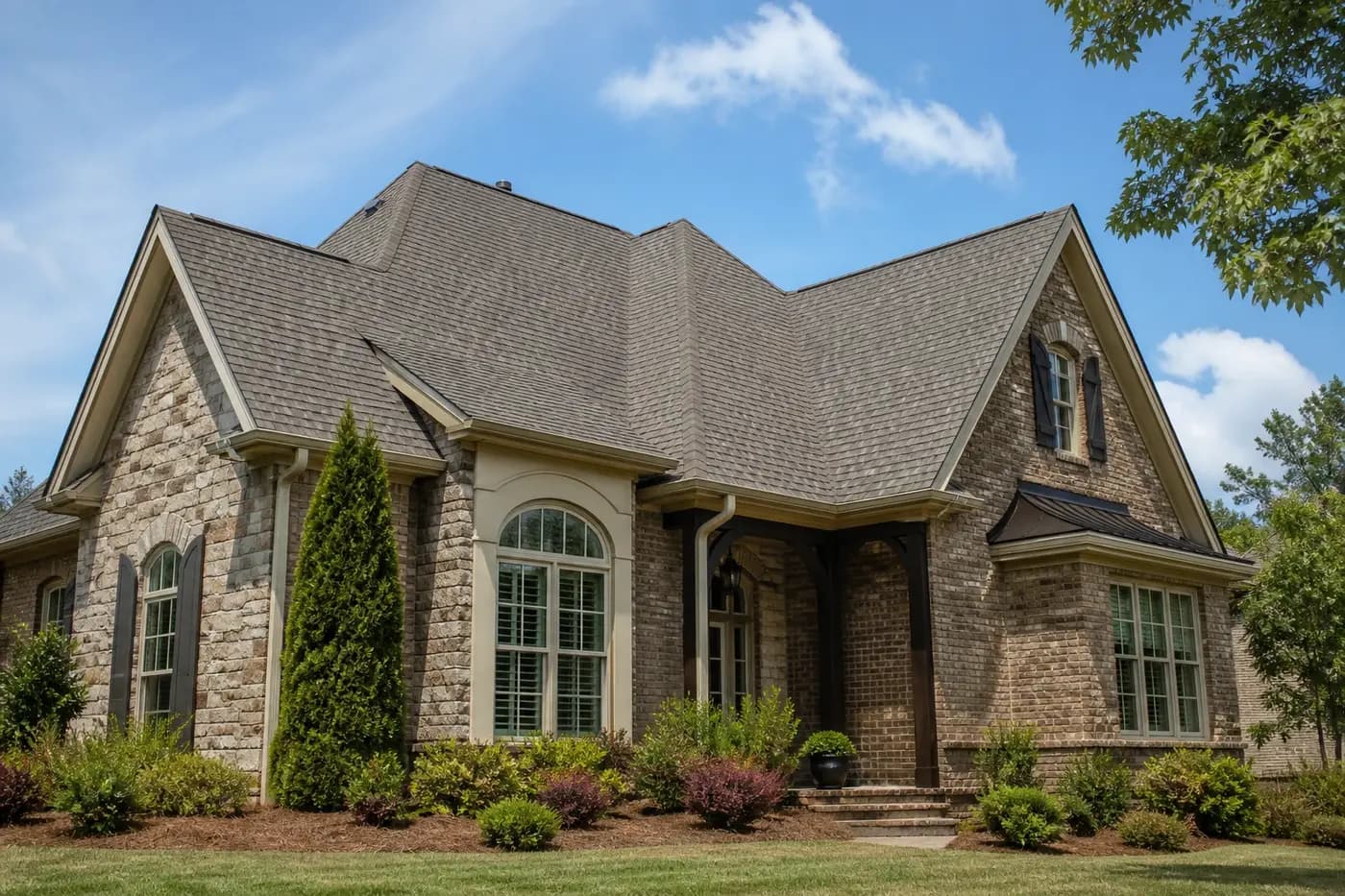 Roof-dominant upscale Indian Trail NC brick home with a clean architectural asphalt shingle roof