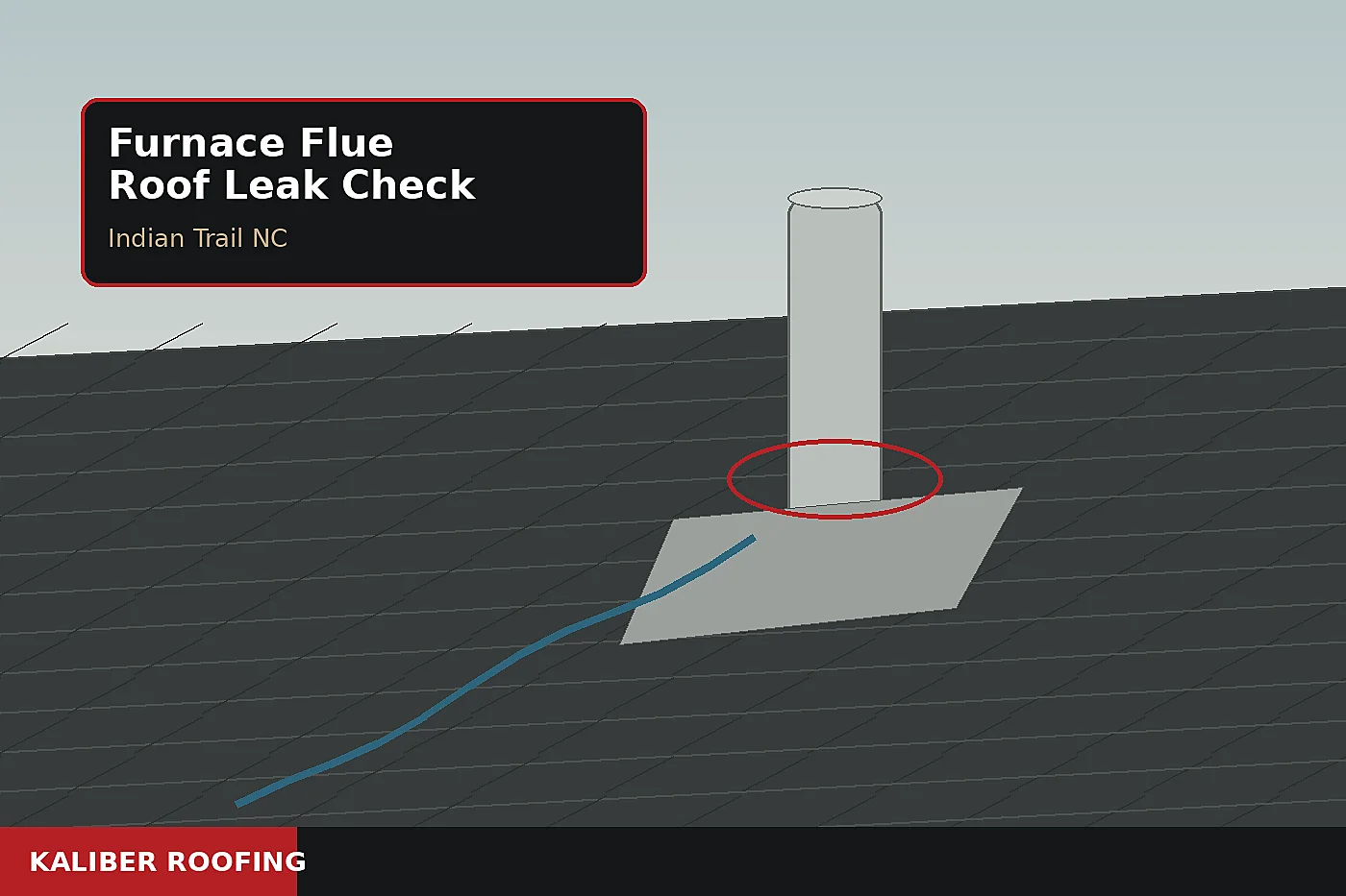 Indian Trail NC asphalt shingle roof with a metal furnace flue pipe, storm collar, and flashing detail after rain
