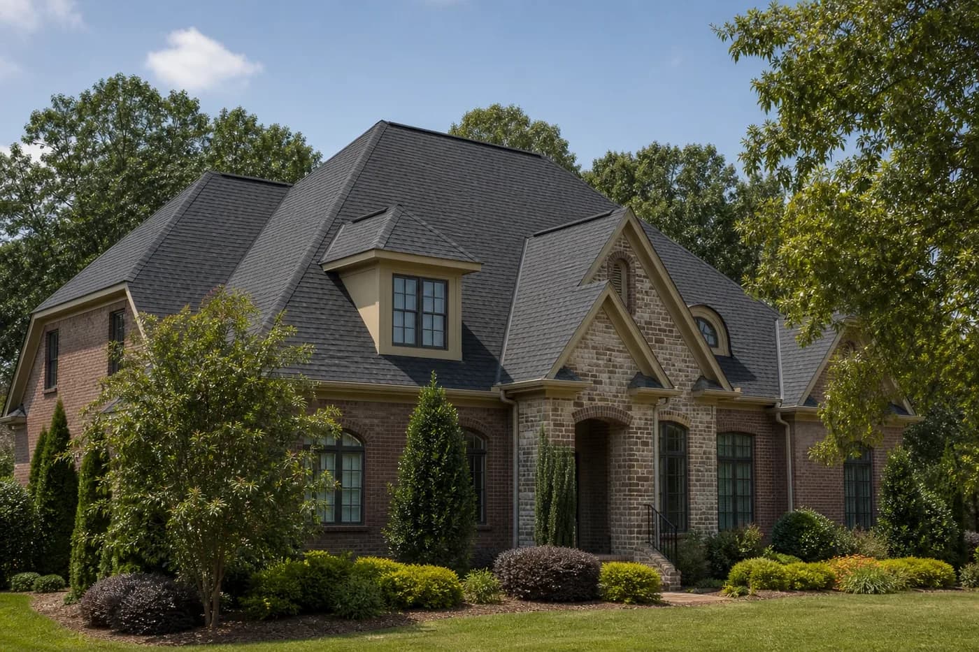 Roof-dominant upscale Indian Trail NC brick-and-stone home with a clean charcoal architectural shingle roof and coherent valleys