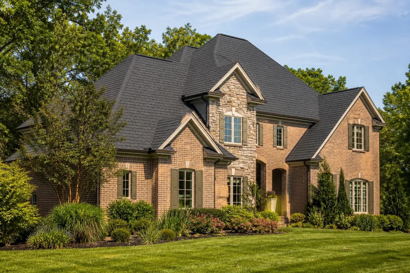 Roof-dominant upscale Indian Trail NC brick home with a clean charcoal architectural shingle roof