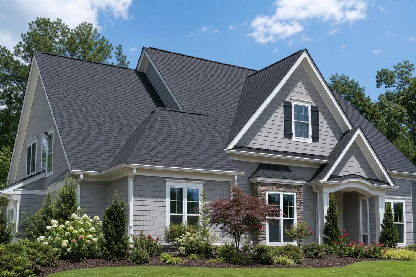 Roof-dominant upscale Indian Trail NC home with clean eaves, rakes, gutters, and new drip edge