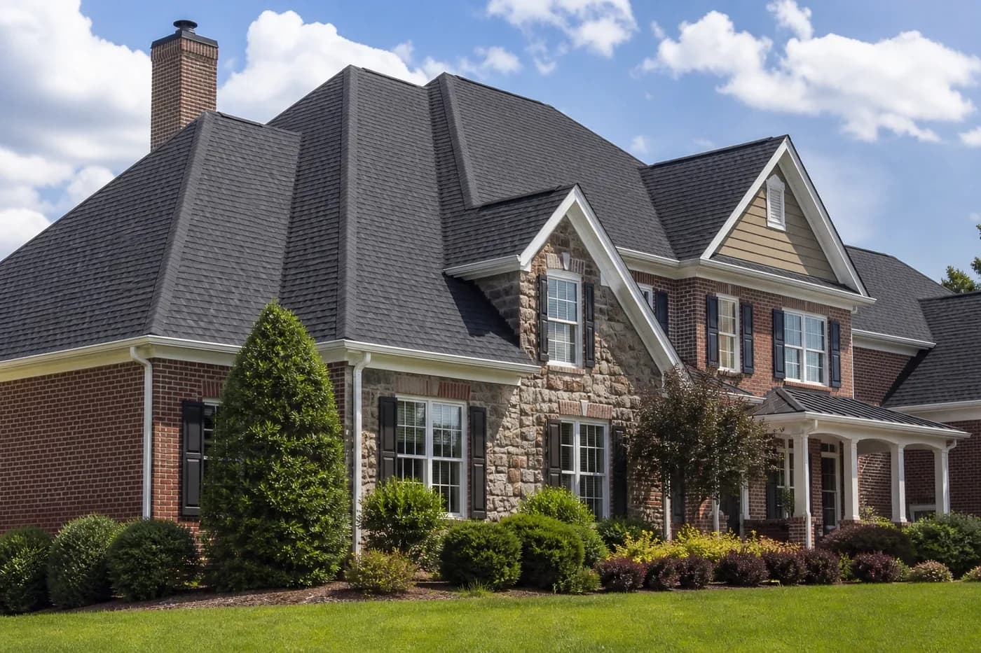 Roof-dominant upscale Indian Trail NC home with straight charcoal ridge and hip cap shingles