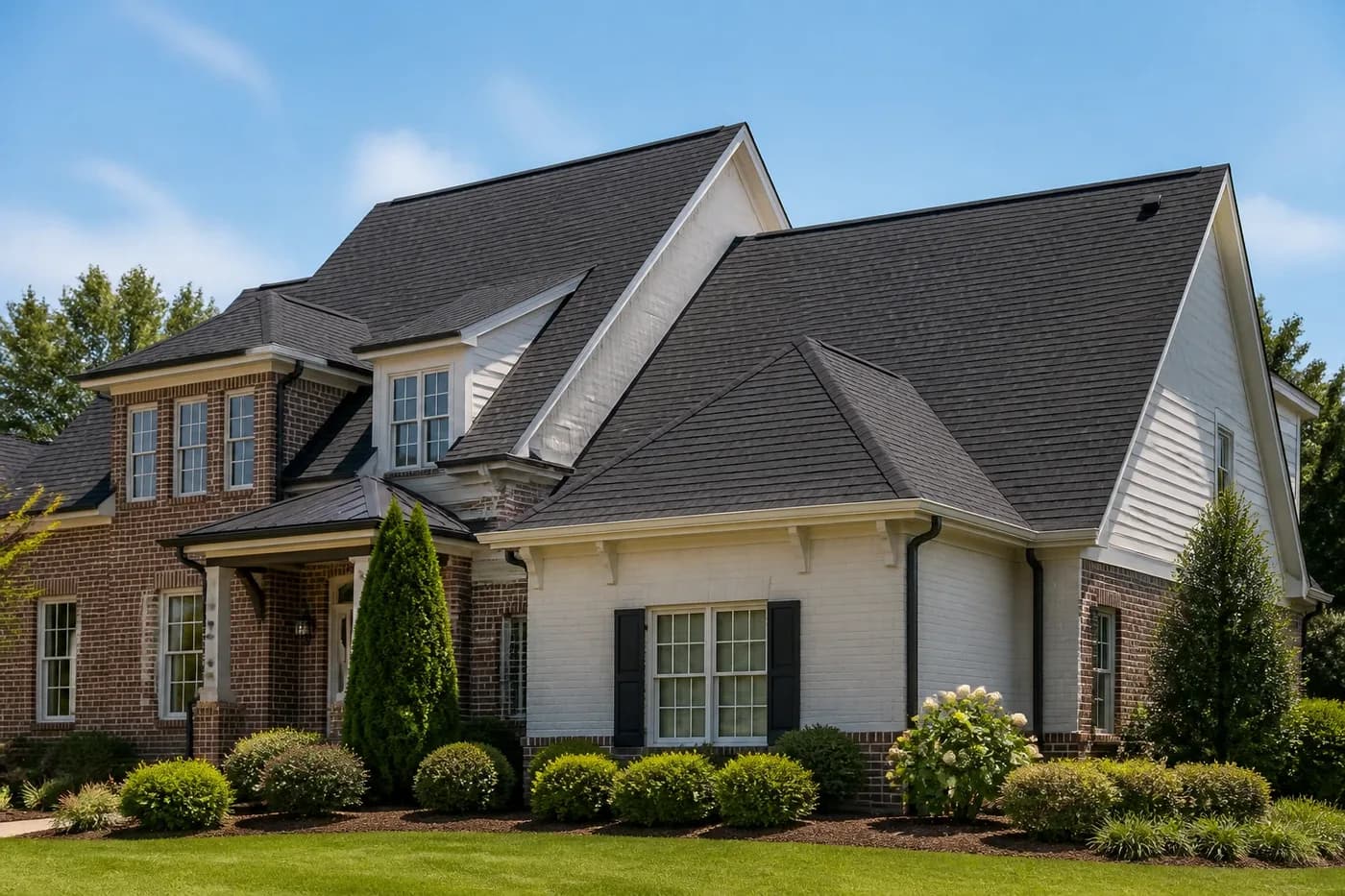Roof-dominant upscale Indian Trail NC home with clean charcoal starter-shingle edges