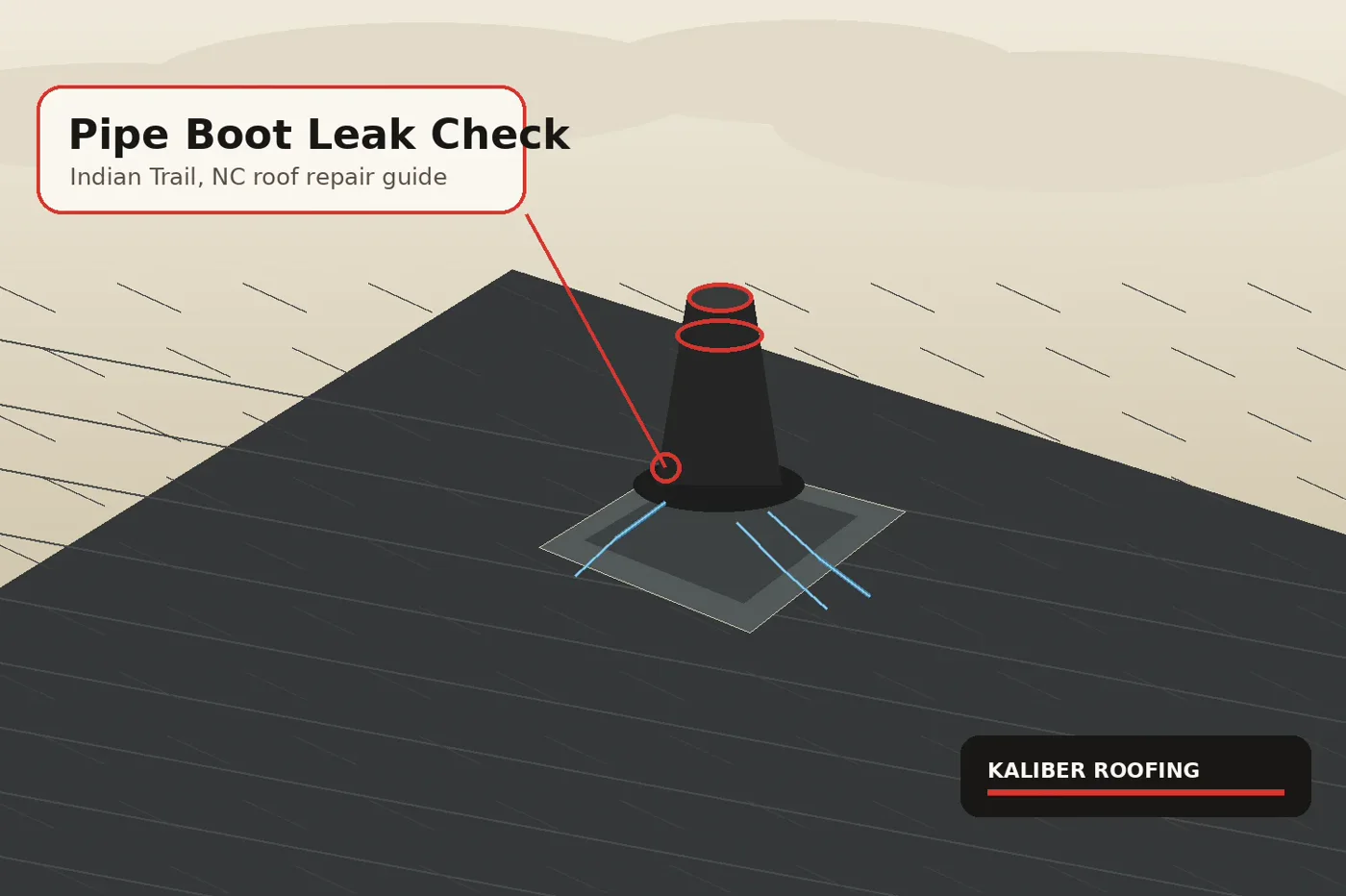 Indian Trail NC asphalt shingle roof with a pipe boot inspection callout around a plumbing vent