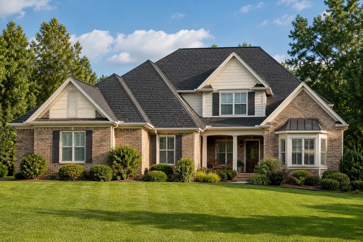 Roof-dominant upscale Indian Trail NC home with a clean charcoal architectural shingle roof