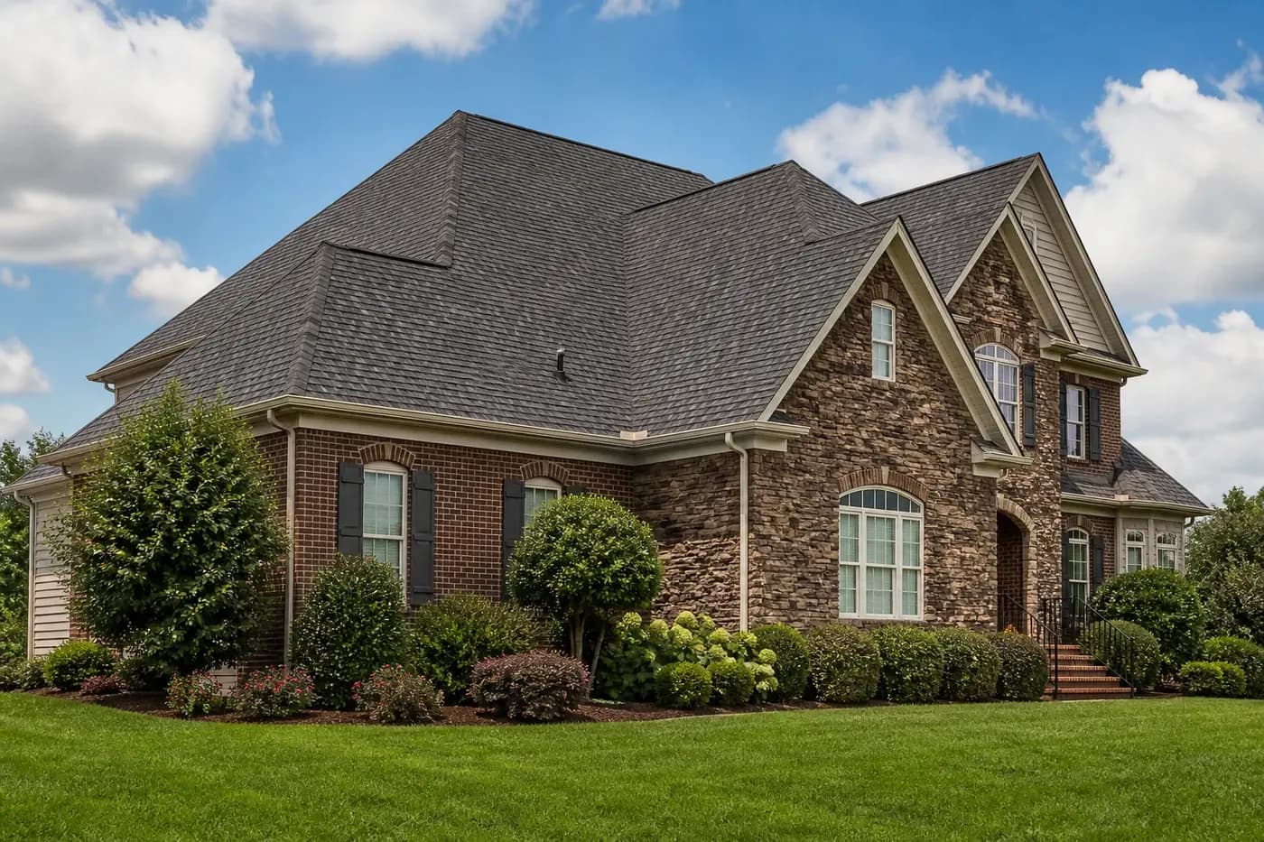 Roof-dominant upscale Indian Trail home with architectural shingles and a properly integrated plumbing vent pipe boot