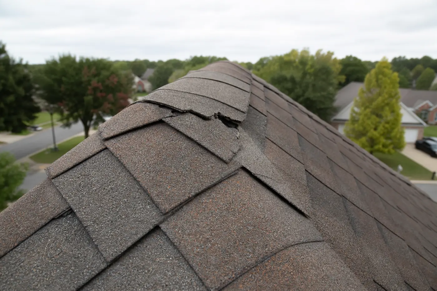 Damaged ridge cap shingles on a Charlotte NC asphalt shingle roof after wind exposure