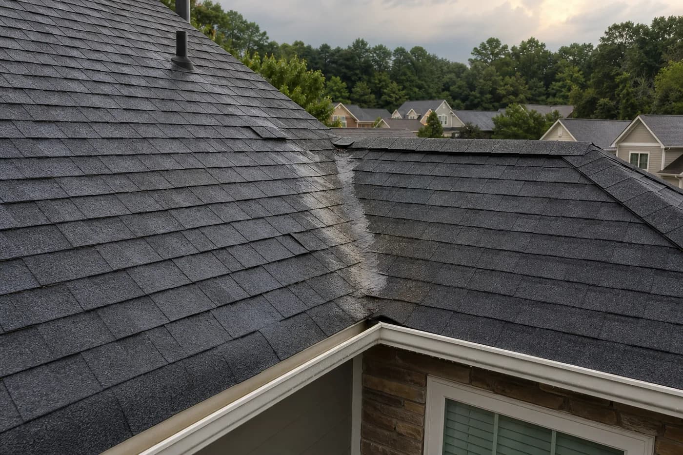 Indian Trail NC asphalt shingle roof after rain with a valley leak concern