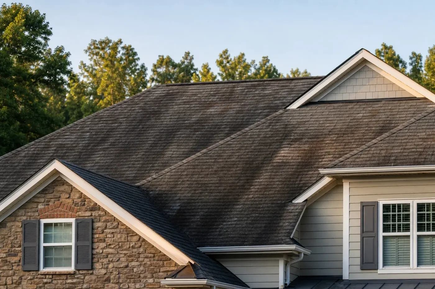 Charlotte NC asphalt shingle roof with exposed roof decking checked for water damage and rot