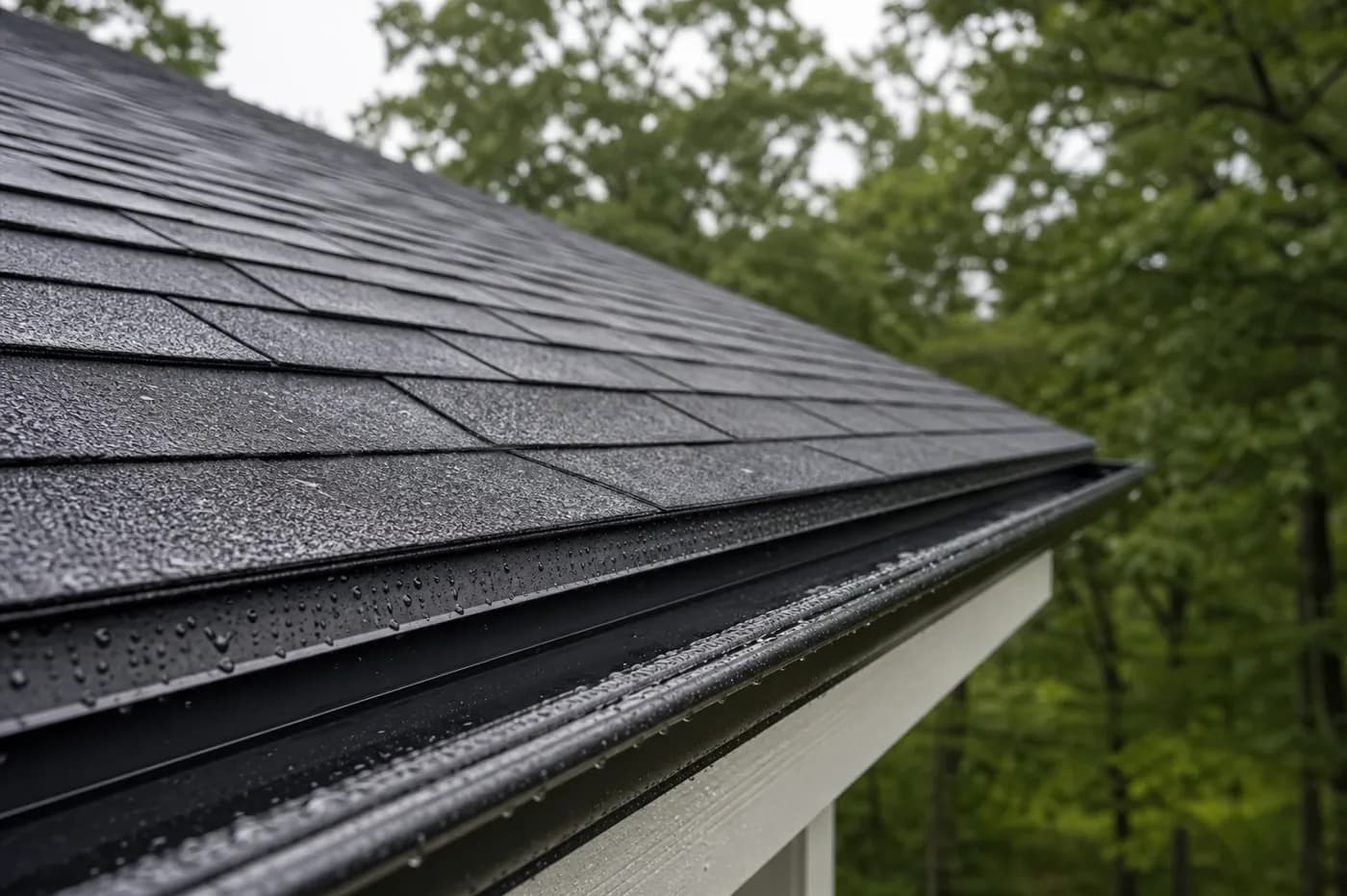 Charlotte NC asphalt shingle roof edge with wet gutters and drip edge after heavy rain