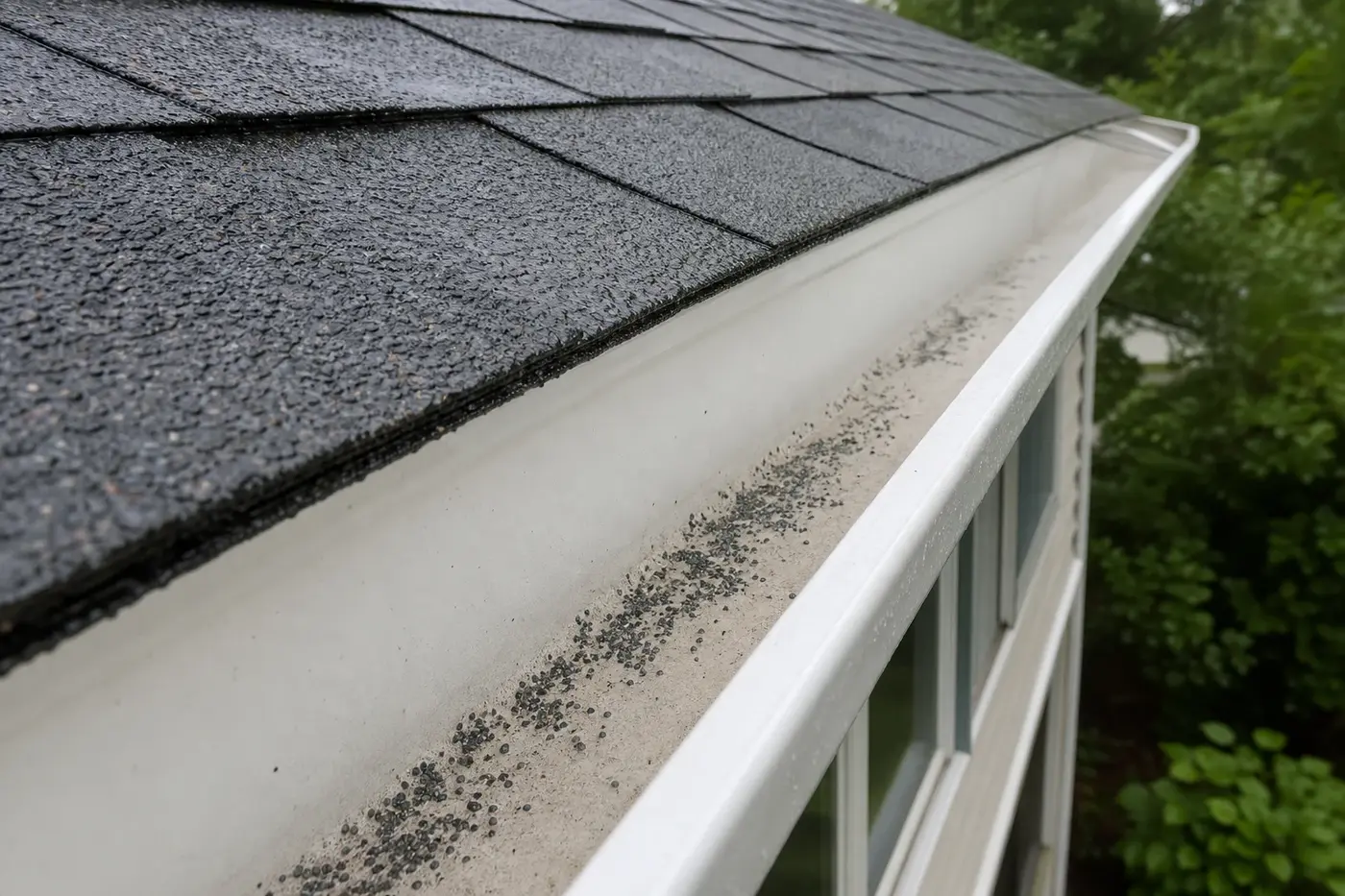 Indian Trail NC asphalt shingle roof edge with loose roof granules collected inside a white gutter after rain