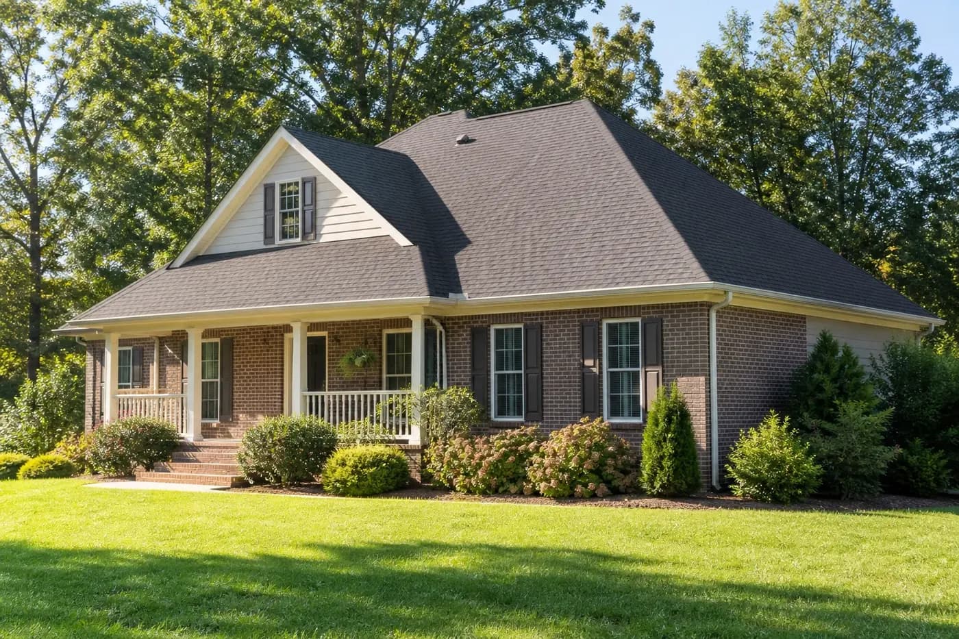 Roof-dominant upscale Indian Trail NC brick home with a coherent charcoal architectural shingle roof