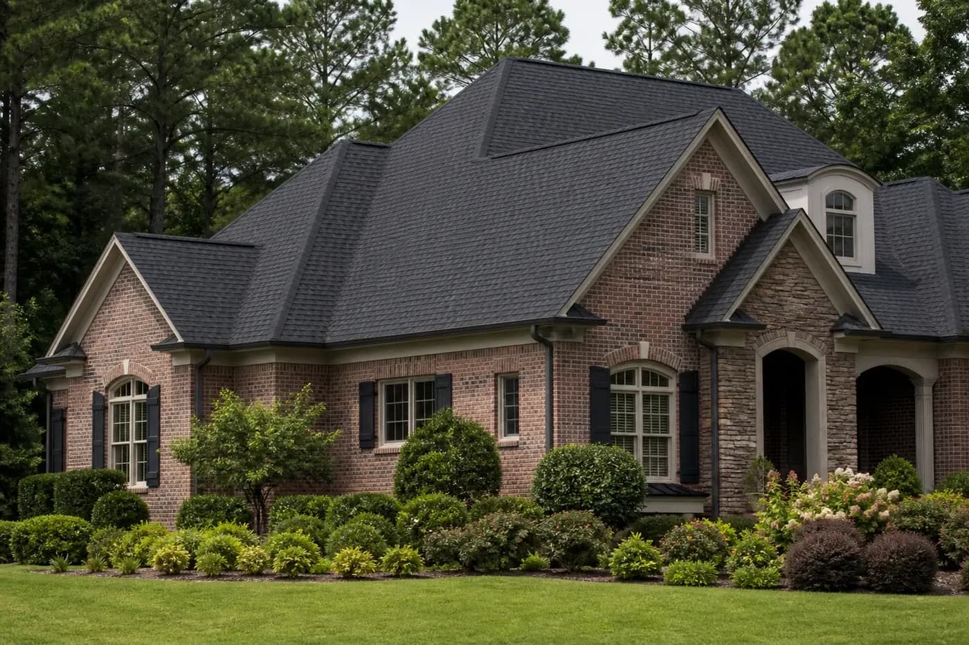 Roof-dominant upscale Indian Trail NC home with a clean architectural shingle roof and mature landscaping