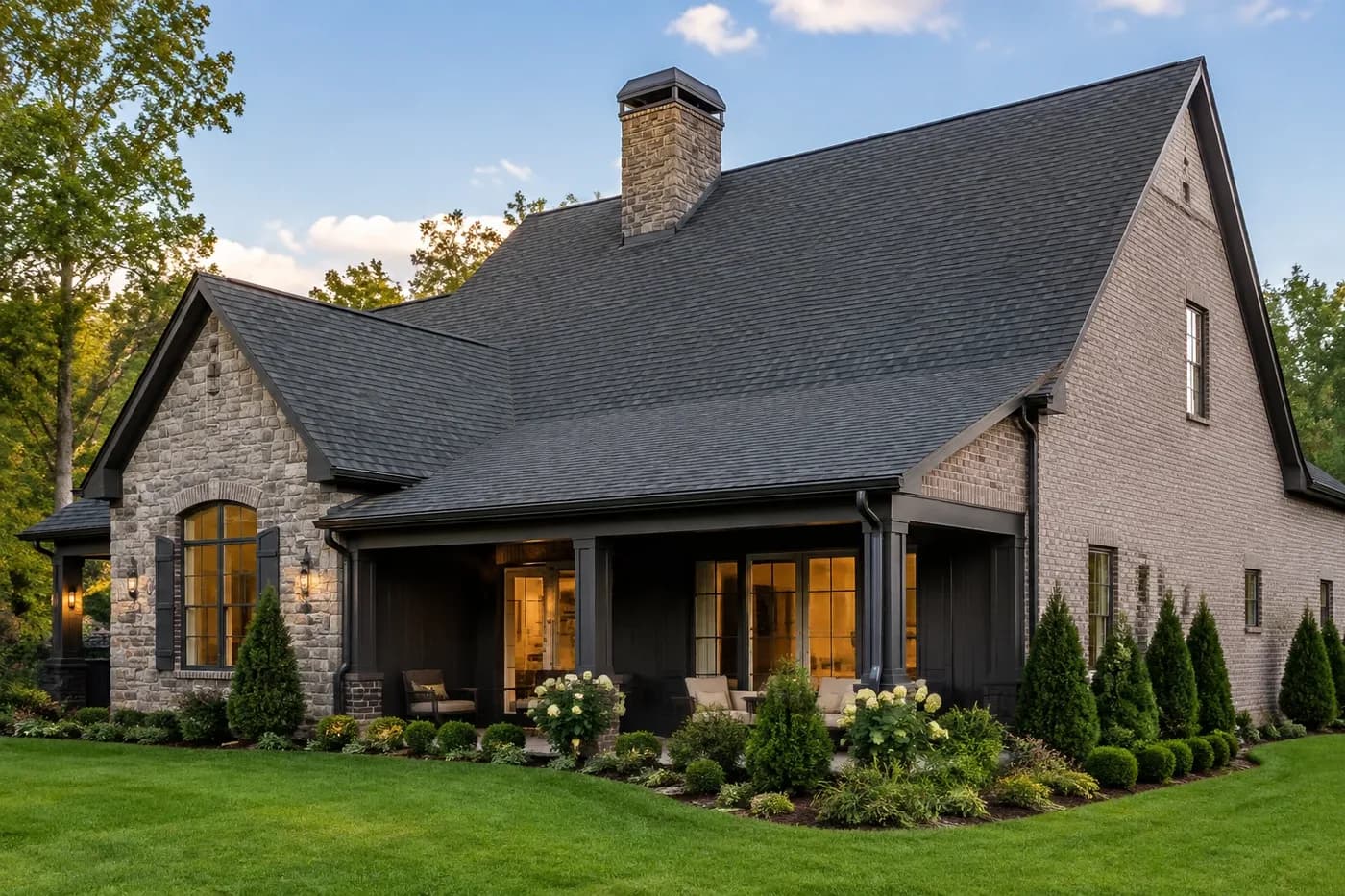 Roof-dominant Indian Trail NC home with a coherent steep main roof changing to a lower porch roof slope