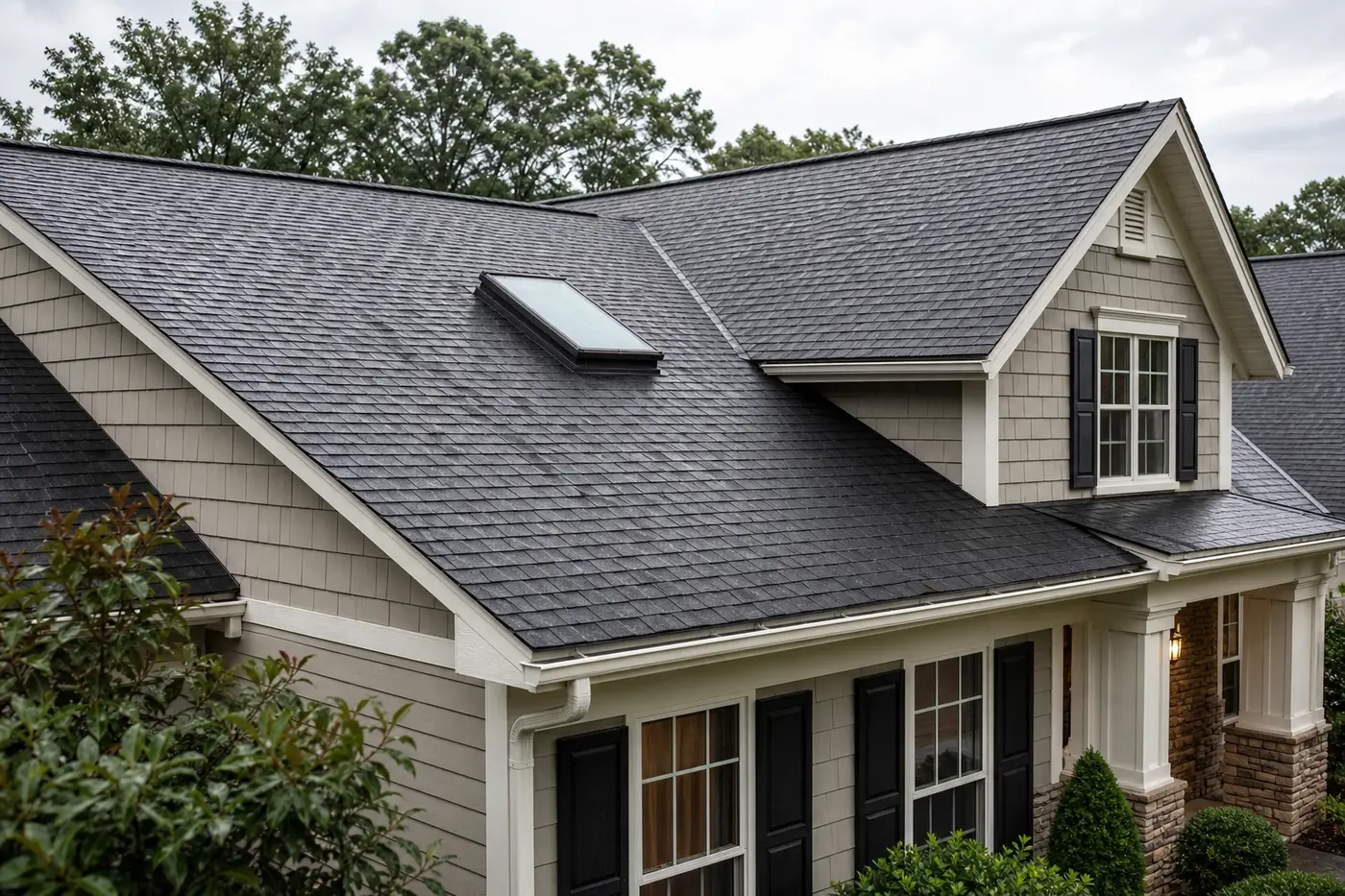Indian Trail NC asphalt shingle roof with a realistic skylight and flashing after rain with no people or vehicles visible