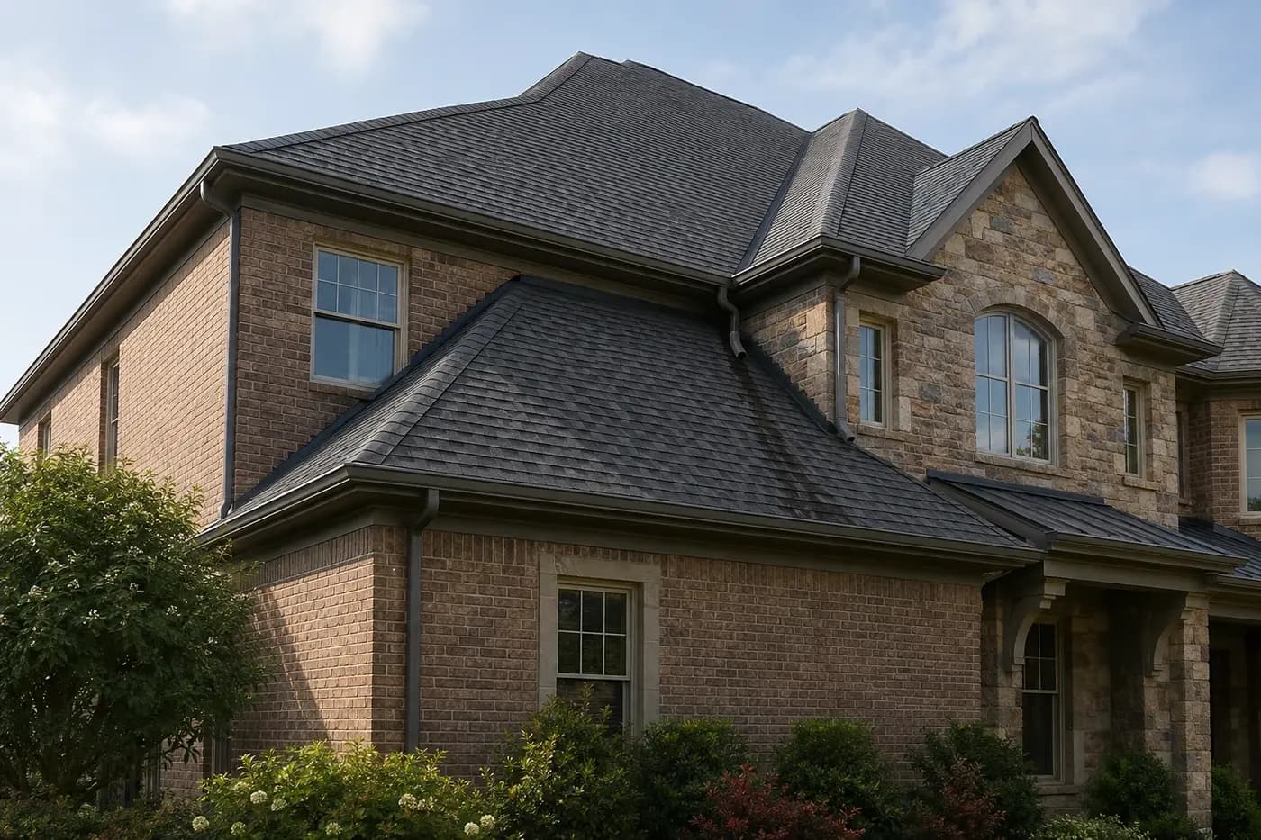 Roof-dominant Indian Trail NC home with an upper downspout ending above a lower architectural-shingle roof plane