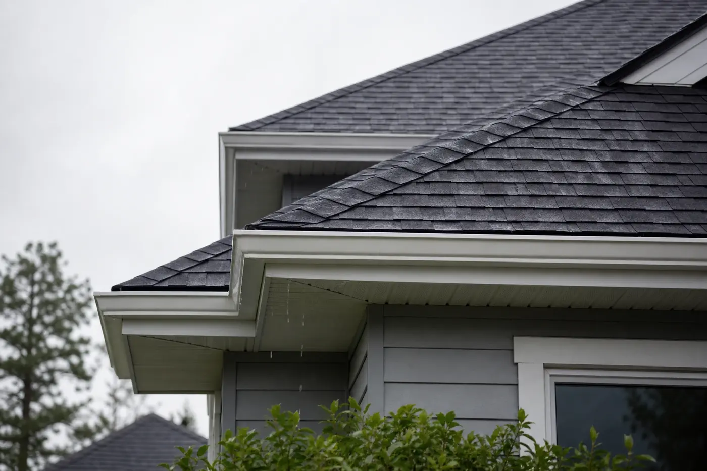 Indian Trail NC roof edge with clean gutters, white soffit panels, and water dripping after rain with no people or vehicles visible