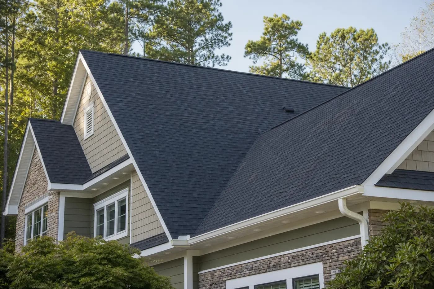 Roof-dominant upscale Indian Trail NC home with a coherent architectural shingle roof, attic ventilation details, and no people or vehicles visible