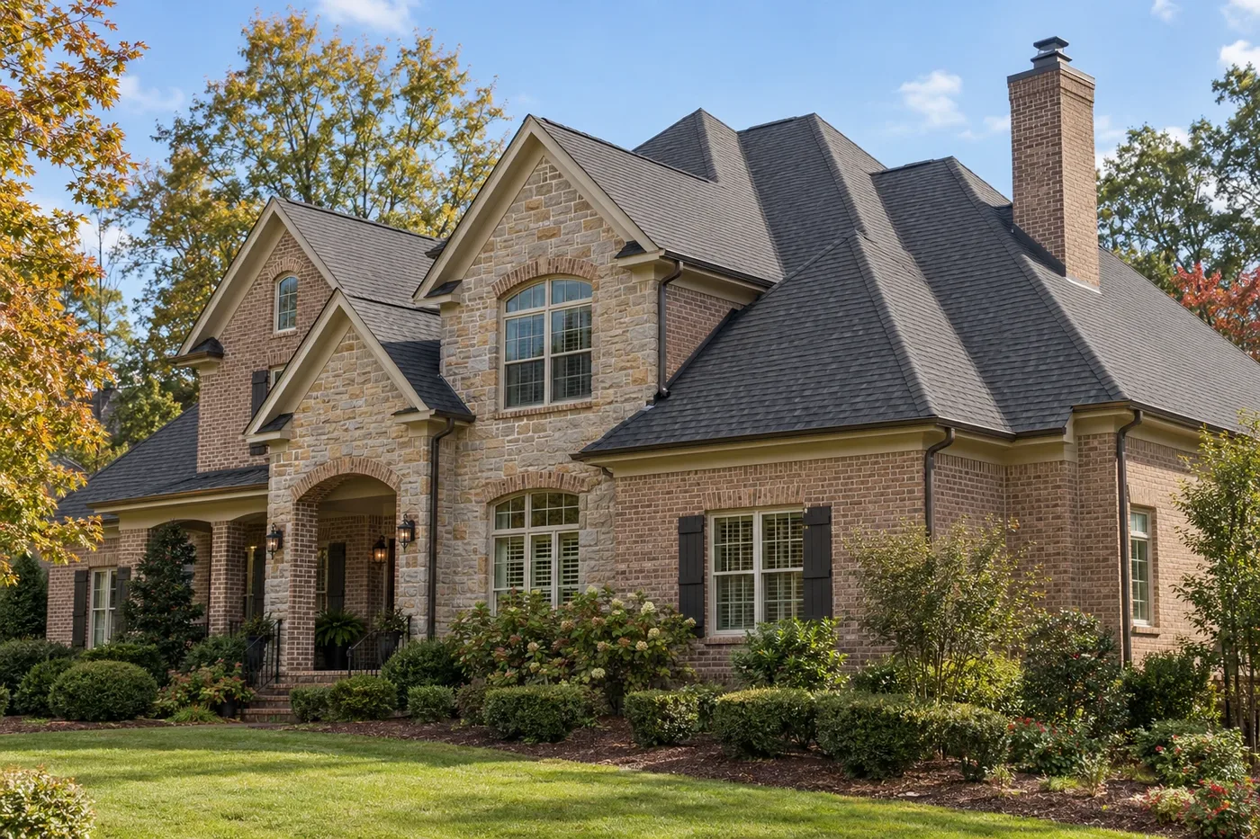 Representative upscale Indian Trail brick-and-stone home with a prominent charcoal architectural-shingle roof and masonry chimney