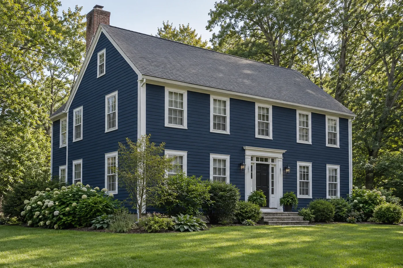 Illustrative two-story deep navy colonial with white trim, weathered-gray simple gable roof, single brick chimney left