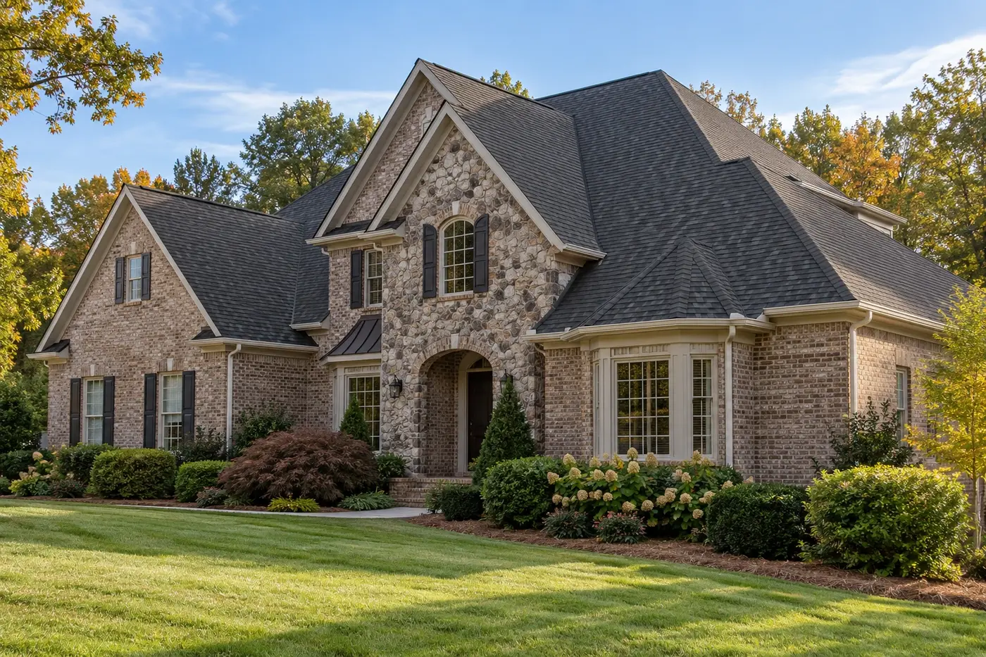 Representative upscale Indian Trail home with a prominent charcoal shingle roof and visible intersecting roof valley