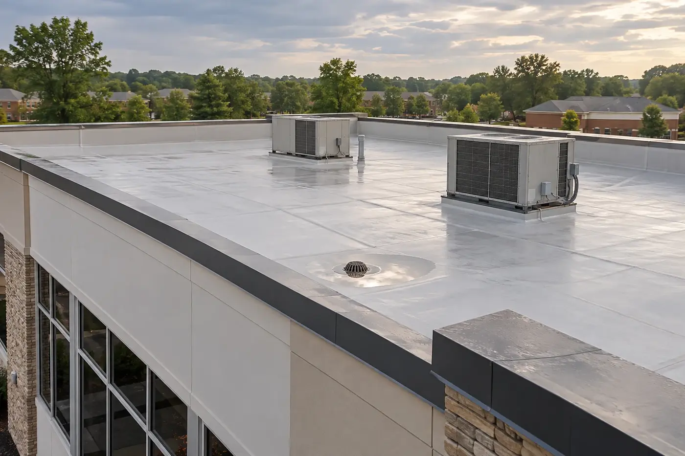 Representative Indian Trail commercial building with a low-slope membrane roof, rooftop units, drain, and shallow residual rainwater