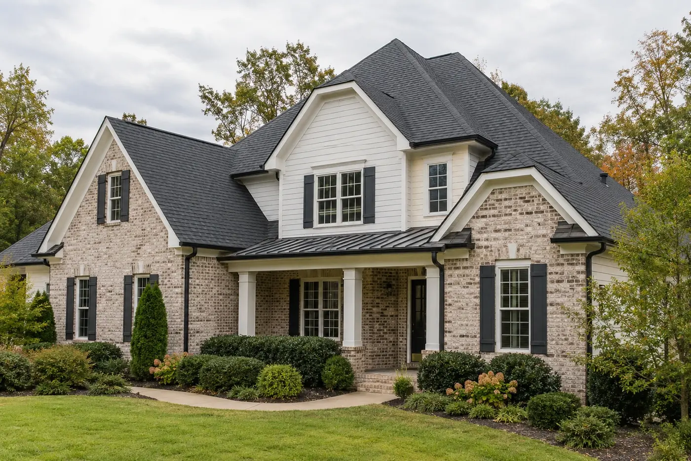 Representative upscale Indian Trail home with prominent charcoal roof eaves and gable rake edges