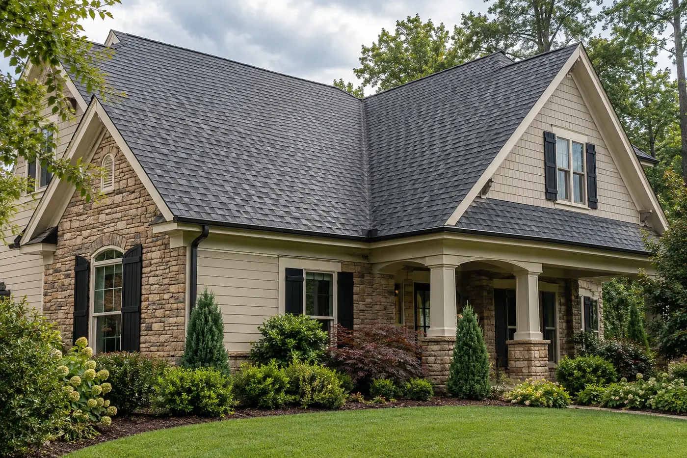 Representative upscale Indian Trail home with intersecting charcoal shingle roof planes and a visible roof valley