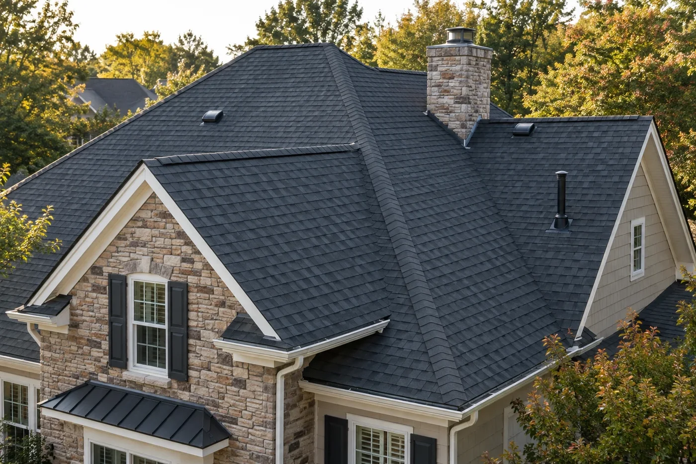 Representative elevated view of an upscale Indian Trail home with a prominent charcoal architectural-shingle roof