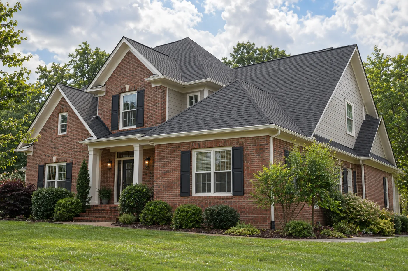 Representative Indian Trail home with a charcoal architectural-shingle roof, clean eaves, and gutters