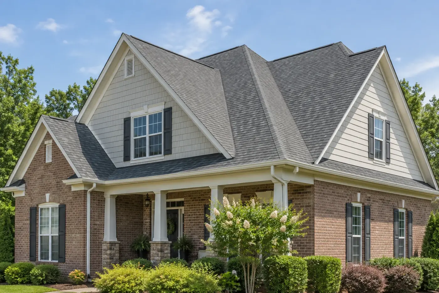 Representative Indian Trail home with a coherent gray architectural-shingle roof, brick, and light siding