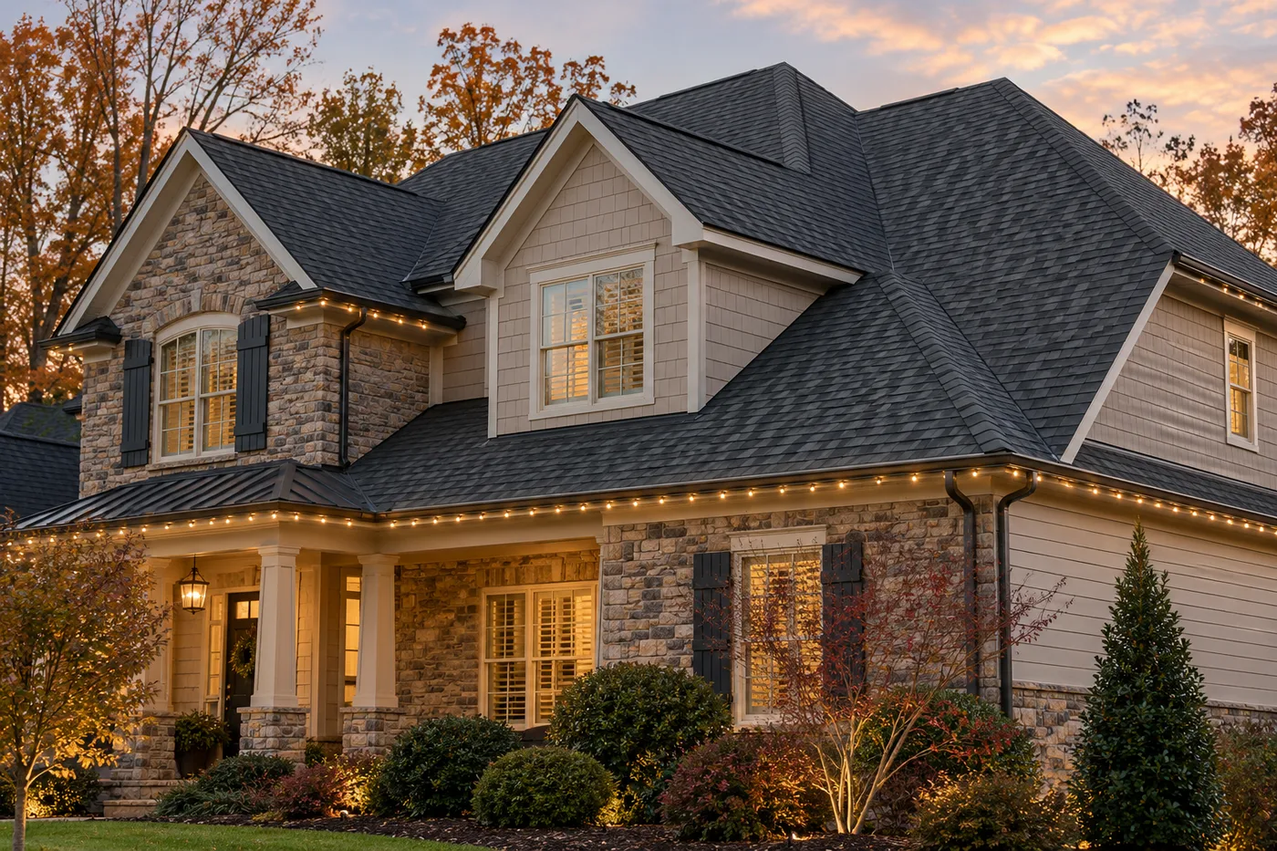 Illustrative Indian Trail home with a prominent charcoal shingle roof and warm white holiday lights clipped along the gutters