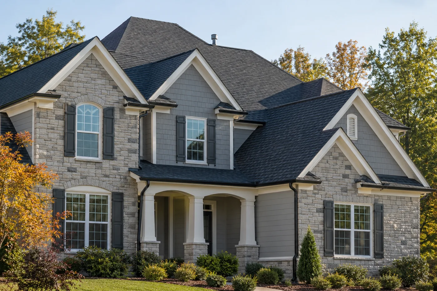 Representative upscale Indian Trail home with a prominent charcoal architectural-shingle roof