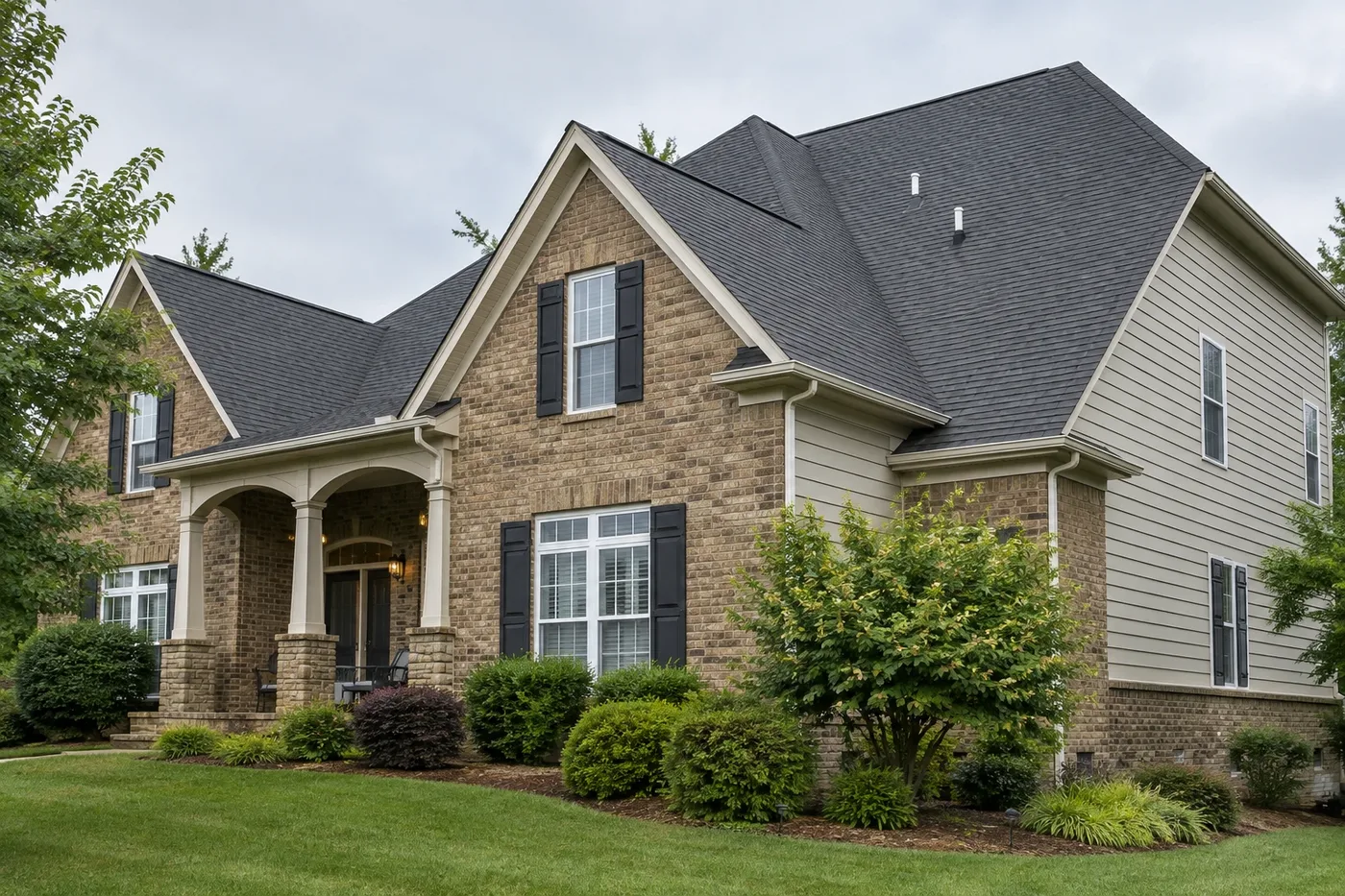 Representative upscale Indian Trail home with a prominent charcoal shingle roof and two plumbing vent pipes