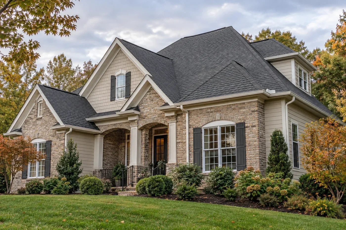 Representative upscale Indian Trail home with a prominent clean charcoal architectural-shingle roof